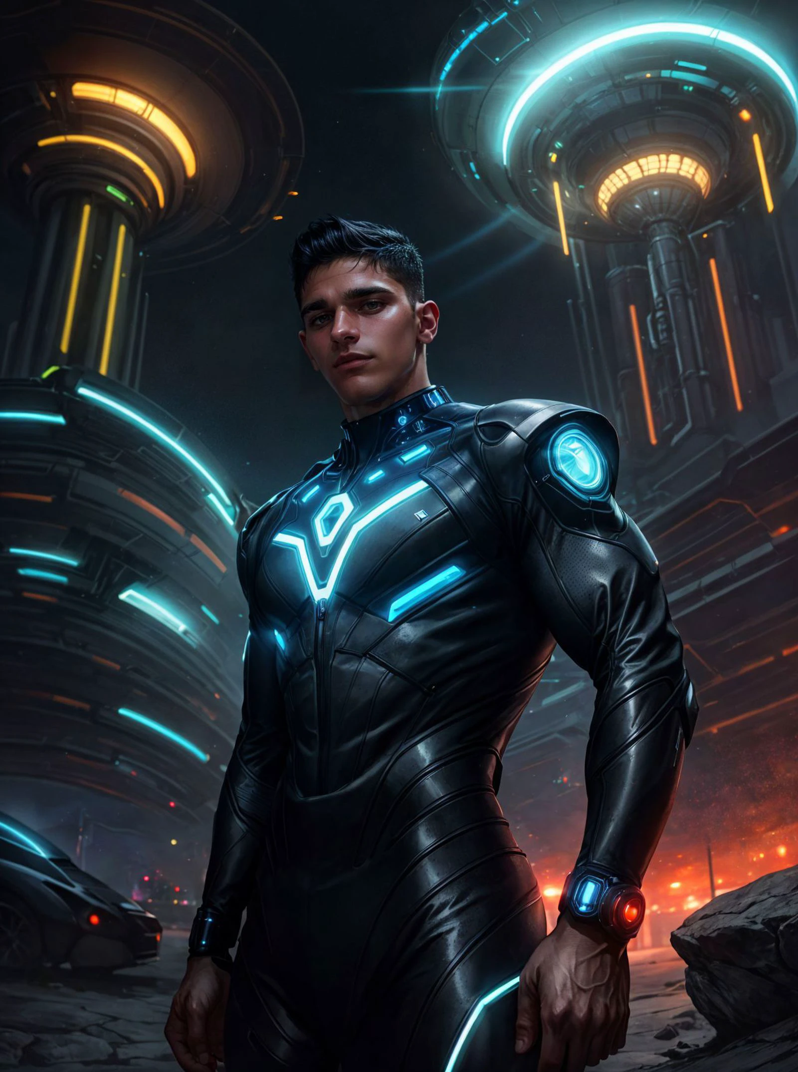 (medium shot), portrait of 30-year-old trevor signorino in a cyber techno attire, male focus, outdoor, science fiction, futuristic, tron, alien architecture, aircrafts, (light beams:0.5), subsurface scattering, photorealistic, hyperrealism, RAW, HDR, 8k,
 <lora:Trevor_Signorino-v1:1> <lora:add_detail:0.5>