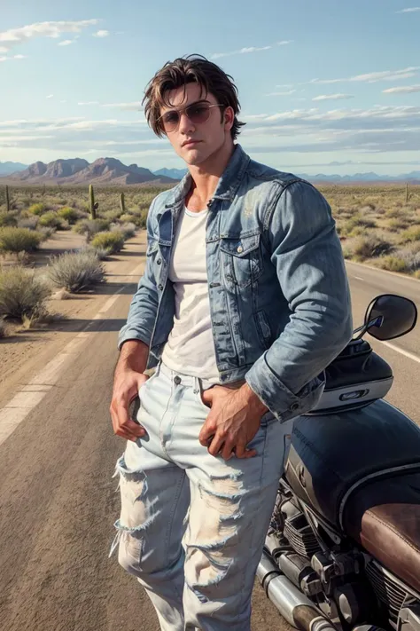 RAW Photo, photo of man levi_conely standing on a scenic highway with endless stretches of road, desert landscapes, and vintage roadside diners, <lora:levi_conely-06:1>, wearing a fitted calvin klein white T-shirt and well-worn Levi's blue jeans that are slightly faded to give them a vintage look, he sports a classic black leather jacket, aviator sunglasses, and rugged red wing motorcycle boots