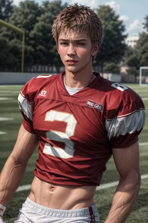 ((masterpiece)), ((best quality:1.2)), High Resolution, 8k, (ultra_realistic:1.3), (photorealistic:1.4), ((handsome)), instagram model, a shot of (dg_ChadMM), wearing red jersey, (beautiful body:1.2), football stadium, athlete, slender body, mature, masculine, short hair, concentrating, short hair, sweat, <lora:dg_ChadMM:0.8>