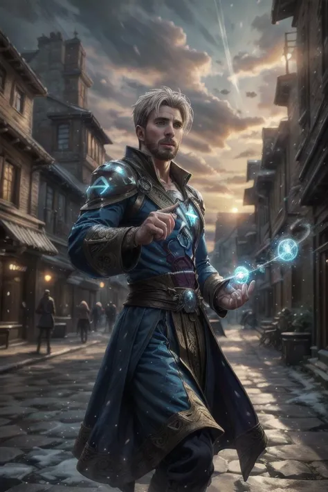 european man in intricate mage robes, medieval, castle in background, looking at viewer, (chrisevans person), short hair, white hair, outdoors, sky, sunset, upper body, magic, cryokinesis, dynamic pose, fighting stance, casting spell, bokeh, backlighting, sweaty, portrait, close up, exposed chest, abs, magical glowing blue eyes, best quality, masterpiece, realistic, cinematic composition, (detailed background), depth of field, intricate details, 8k, detailed skin texture, detailed face, realistic eyes, male focus, photo of a man,
<lora:chrisevans_30760:1>, <lora:Concept - Cryomancer:0.4>