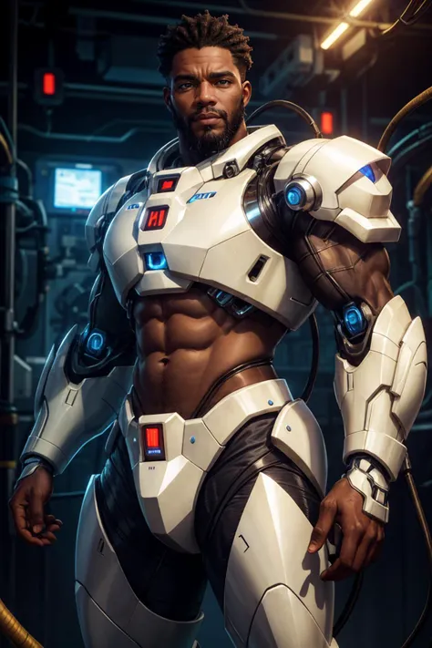 african man wearing white mecha power armor, glowing, cables, wires, futuristic lab background, medium hair, transparent plastic, beard, upper body, science fiction,, best quality, masterpiece, realistic, cinematic composition, (detailed background), depth of field, intricate details, 8k, detailed skin texture, detailed face, realistic eyes, male focus, photo of a man,