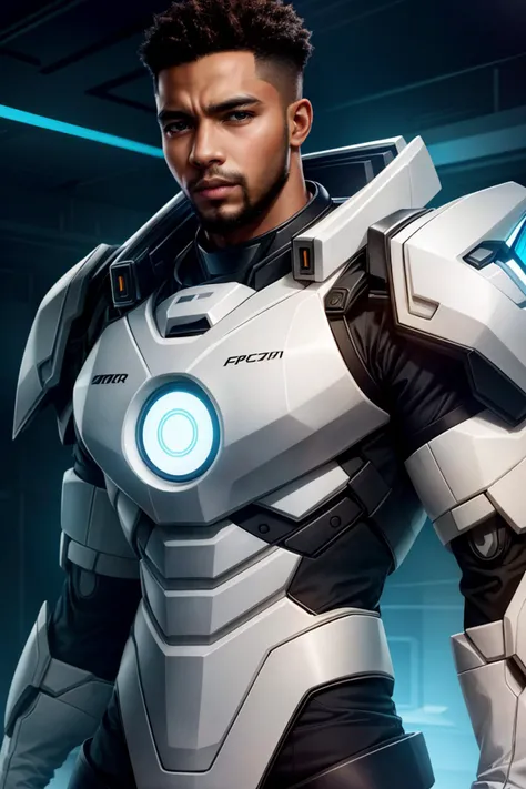 realistic, masterpiece, best quality, cinematic, dynamic lighting, soft shadow, highest detail, professional photography, detailed background, depth of field, insane details, intricate, aesthetic, detailed face, subsurface scattering, realistic hair, realistic eyes, 1boy, muscular, manly, (large pectorals:1.3), pectorals, abs, portrait photo of a handsome (african man) wearing white mecha power armor, glowing, cables, wires, futuristic lab background, medium hair, beard, upper body,