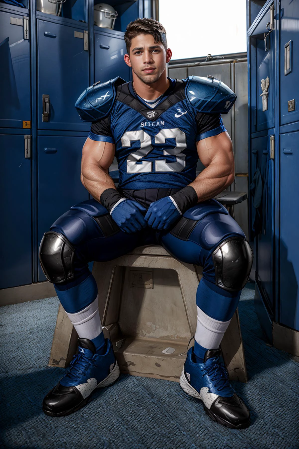 In an American football locker room, (sitting on a locker room bench), legs spread open, RomanTodd is a (American football player) wearing (((blue color jersey))), ((shoulder pads)), ((jersey number 23)), (silver football pants and pads):1.5, ((blue socks)), (long socks), (black sneakers), slight smile, highly detailed, sharp focus, high skin detail, photorealistic, masterpiece, (((full body portrait))), (full body), wide angle, (high face detail), <lora:RomanTodd:0.8>