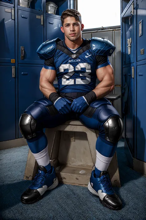 In an American football locker room, (sitting on a locker room bench), legs spread open, RomanTodd is a (American football player) wearing (((blue color jersey))), ((shoulder pads)), ((jersey number 23)), (silver football pants and pads):1.5, ((blue socks)), (long socks), (black sneakers), slight smile, highly detailed, sharp focus, high skin detail, photorealistic, masterpiece, (((full body portrait))), (full body), wide angle, (high face detail),  <lora:RomanTodd:0.8>