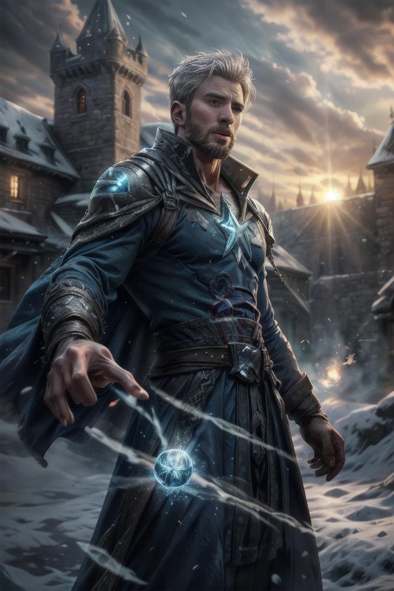 european man in intricate skimpy mage robes, medieval, castle in background, looking at viewer, (chrisevans person), short hair, white hair, outdoors, sky, sunset, upper body, magic, cryokinesis, dynamic pose, casting spell, backlighting, portrait, close up, exposed chest, abs, magic blue eyes, best quality, masterpiece, realistic, cinematic composition, (detailed background), depth of field, intricate details, 8k, detailed skin texture, detailed face, realistic eyes, male focus, photo of a man,
<lora:chrisevans_30760:1>, <lora:Concept - Cryomancer:0.4>