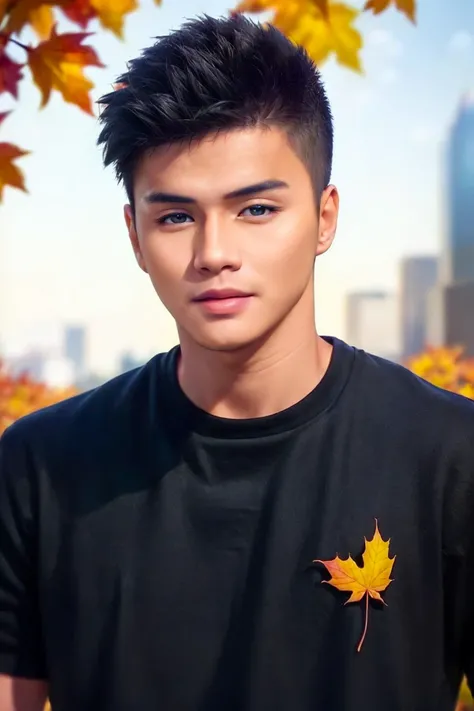 ((masterpiece)), ((best quality:1.2)), High Resolution, 8k, (ultra_realistic:1.3), (photorealistic:1.4), (instagram model, handsome:1.2), sharp focus, a close up photo of (Ronnie Alonte, ronniealontekm), wearing black shirt, urban city, autumn theme, colorful leaves falling, sunny day, outdoors, <lora:RonnieAlonteKM:0.8>