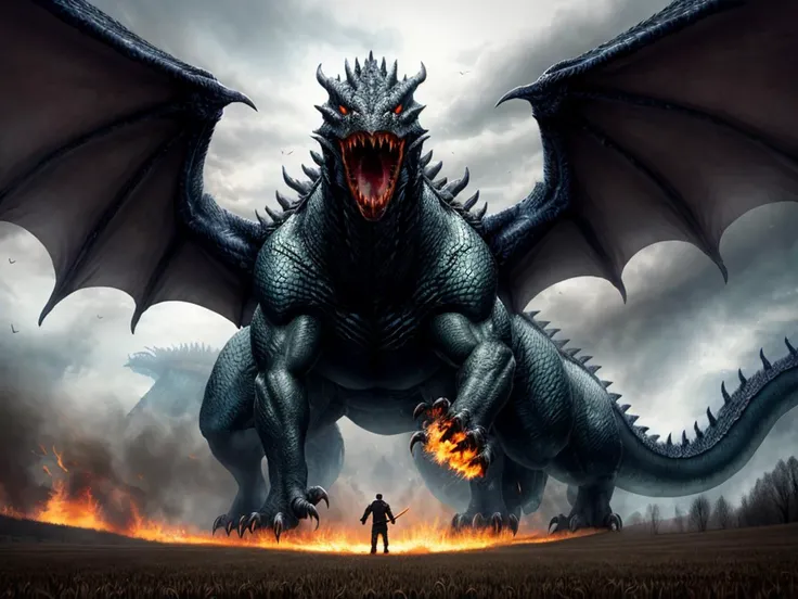 Climactic scene, a samurai with his katana standing in a field facing a distant giant dragon creature with a demonic face, glowing eyes, two outstretched wings, scaled muscular arms sharp claws, ready to start fight, intense scene, fire and air flows, 8k ultrafine detail, attack on titan style, masterpiece, cinematic,(size difference),