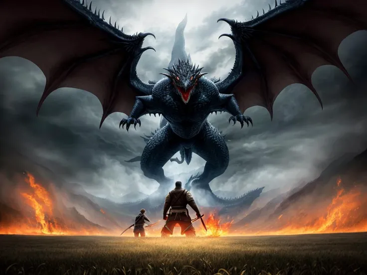 Climactic scene, a samurai with his katana standing in a field facing a distant giant dragon creature with a demonic face, glowing eyes, two outstretched wings, scaled muscular arms sharp claws, ready to start fight, intense scene, fire and air flows, 8k ultrafine detail, attack on titan style, masterpiece, cinematic,(size difference),