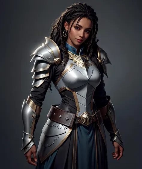 (masterpiece, best quality, highres), (solo beautiful girl), (intricate armor-dress:1.1), (dark skin:1.5), (smile:0.6), octane render,