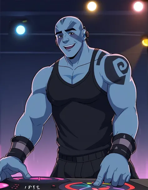 1boy, dj, looking at viewer, sound board, headphones, dance club, colorful lighting, muscular, black tank top, disco ball, masterpiece, tattoo, bald, hazel eyes, energized, smile , <lora:GrogStrongjaw-v1:0.7>, colored skin, tattoo, blue skin