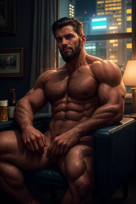 italian man, sitting on a chair in a dark motel room, backlit, intricate details, highly detailed, slate atmosphere, cinematic, dimmed colors, dark shot, muted colors, film grain, depth blur, spooky, bokeh, noir, 1960s \(style\), (40 years old), beard, tired expression, beer bottle, relaxed, dynamic pose, dynamic angle, neon city lights, window, city view, (night), nude, spread legs,, best quality, masterpiece, realistic, cinematic composition, (detailed background), depth of field, intricate details, 8k, detailed skin texture, detailed face, realistic eyes, male focus, photo of a man,