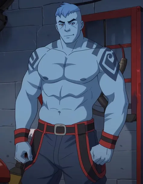 male,firefighter,portrait,modern fire station, <lora:GrogStrongjaw-v1:0.7>, colored skin, tattoo, blue skin