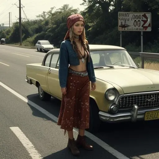 a woman standing by the roadside, hippiechicks <lora:Hippie_Chicks_v1:0.9>