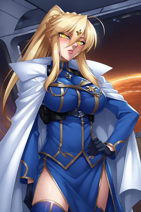 score_9, score_8_up, score_7_up, score_6_up, source_anime, source_hentai, uncensored, kagami hirotaka, highly detailed, 1girl, artoria pendragon standing with one hand on hip, long hair, blonde hair, yellow eyes, glowing eyes, sidelocks, ponytail, military uniform, blue long skirt, side slit, white cape, black gloves, (large breasts:1.2), thighhighs, cowboy shot, looking at viewer, spacecraft, window, space, <lora:titoria:1> <lora:IgawaAsagiXL:1>