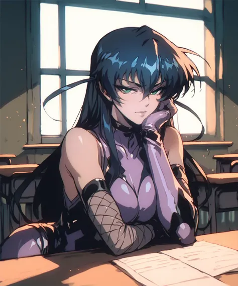<lora:IgawaAsagiXL:0.8>, IgawaAsagi, 1girl, long hair, hair between eyes, black hair, blue hair, green eyes, purple bodysuit, bare shoulders, elbow gloves, fishnets, indoors, classroom, <lora:OldAnimeStyle_XL_v3:0.8>, score_9, score_8_up, score_7_up, score_6_up
