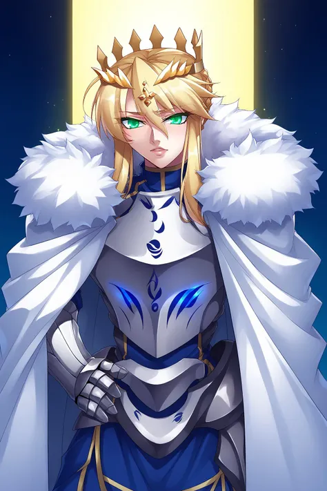 score_9, score_8_up, score_7_up, score_6_up, source_anime, source_hentai, uncensored, kagami hirotaka, highly detailed, 1girl, artoria pendragon standing with one hand on hip, long hair, blonde hair, yellow green eyes, glowing eyes, sidelocks, single hair bun, french braid, crown, blue dress, armor, plate armor, gauntlets, greaves, thighhighs, white cape, fur-trimmed cape, upper body, <lora:titoria:1> <lora:IgawaAsagiXL:1>