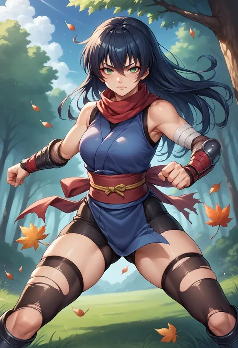 score_9, score_8_up, score_7_up, source_anime, 1girl, solo, looking at viewer, IgawaAsagi, long hair, hair between eyes, black hair, blue hair, ninja, fishnets, arm guards, japanese clothes, sash, red scarf, thighhighs, mouth mask, (ninja mask), bandages, outdoors, forest, nature, tree, falling leaves, leaf, wind, fighting stance, upper body, green eyes, grass, flower, night, night sky, (torn clothes:1.4), fireflies, torn thighhighs
