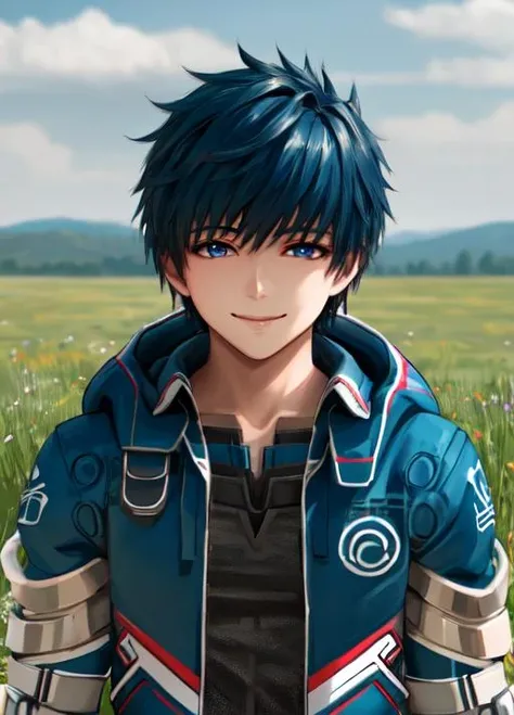 masterpiece, best quality, extremely delicate and beautiful, highres, original, <lora:FidelCamuzeV1:0.8>, FidelCamuze, 1boy, boy, male, short hair, blue hair, blue eyes, blue coat, hood, unhooded, upper body, grassland, smile