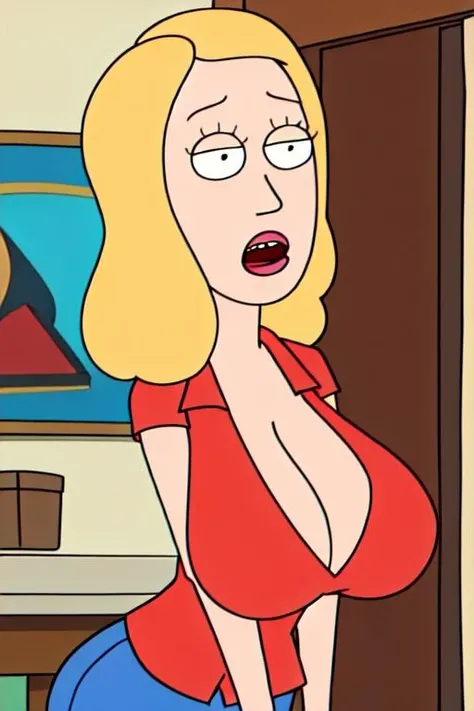 <lora:beth_smithv8:0.7> beth smith, 1girl, cartoon, simple, red shirt, blue pants, shocked, surprised, cleavage, huge breasts, <lora:rick_and_morty_characters:0.3>