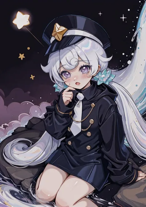 (masterpiece, best quality, highres, ultra detailed:1.2), (solo, 1girl, full body), milkyway, hat, necktie, (white skin:1.2), sleeves past fingers, white hair, low twintails, purple eyes, whistle, black jacket, black trench coat, black clothes, BREAK, crying, tears, :<, sitting, on cloud, facing viewer, BREAK, (waterfall, night, star \(sky\))