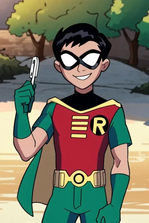 masterpiece, best quality, <lora:robin_tt:0.9> robin_tt 1boy, smile,  looking at viewer, short sleeves, sunlight, standing, green gloves, green pants, upper body, delicated ilumination, domino mask,