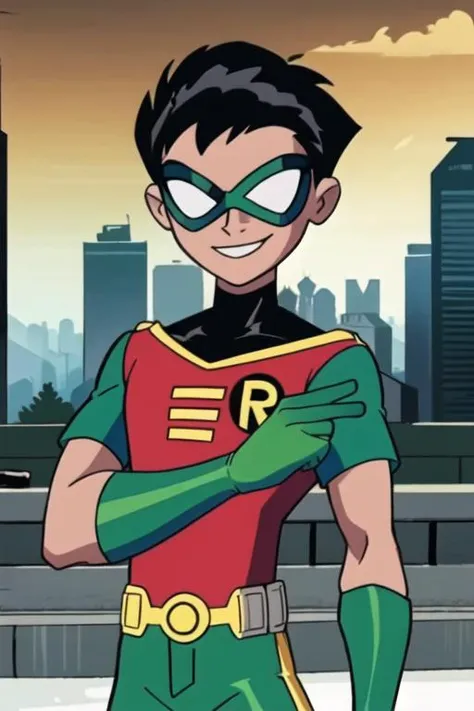 masterpiece, best quality, <lora:robin_tt:0.8> robin_tt 1boy, smile, looking at viewer, short sleeves, sunlight, standing, green gloves, green pants, upper body, delicated ilumination, domino mask,
