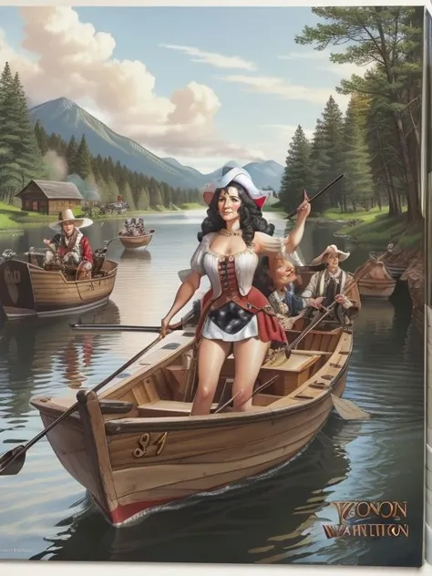 ((SFW)), 4K, UHD, Extremely detailed (comic art by Ron Embleton),  
Wicked Wanda is A beautiful female  George Washington crossing the Potamac with fellow Patriots in a boat during the Revolutionary War, 
 <lora:Ron_Embleton_Style:0.7>