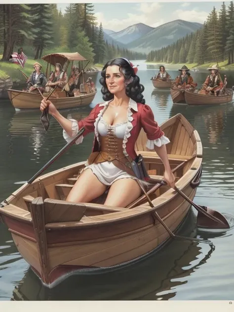 ((SFW)), 4K, UHD, Extremely detailed (comic art by Ron Embleton),  
Wicked Wanda is A beautiful female  George Washington crossing the Potamac with fellow Patriots in a boat during the Revolutionary War, 
 <lora:Ron_Embleton_Style:0.7>