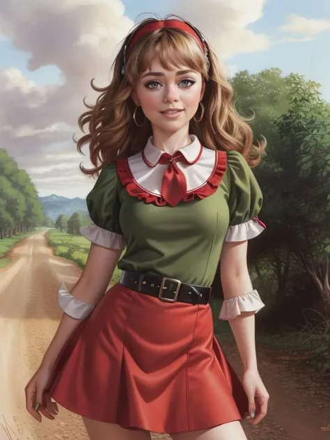 ((SFW)), 4K, UHD, Extremely detailed (comic art by Ron Embleton),  
[ Sarah Hyland | Sabrina Carpenter]  , peter pan collared blouses with flared or a-line skirts , dirt road scene, 
 <lora:Ron_Embleton_Style:0.7>