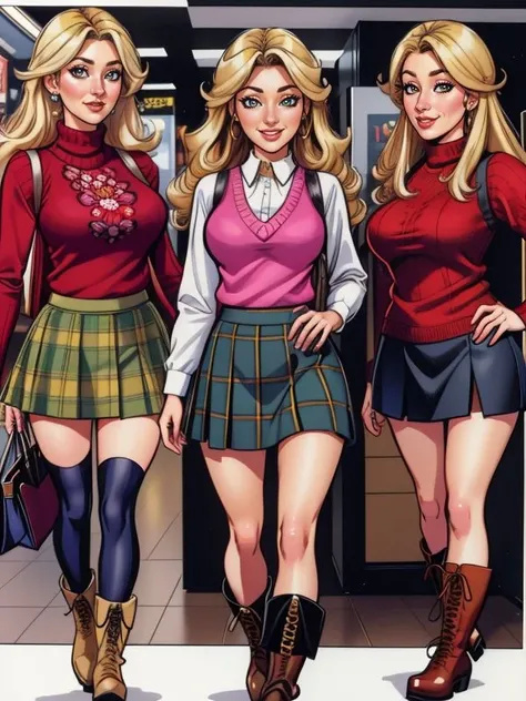 ((SFW)), 4K, UHD, Extremely detailed  comic art  by  Ron Embleton,  comic book, multiple panels, 
Wicked Wanda , knit sweater vest paired with a high-neck blouse, a plaid or floral skirt, and a pair of ankle boots , mall scene, 
<lora:Ron_Embleton_Style:0.7>