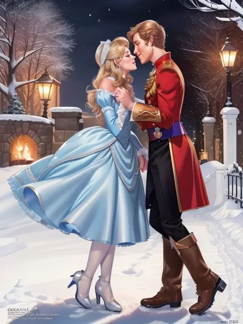 ((SFW)), 4K, UHD, Extremely detailed (comic art by Ron Embleton),  
Cinderella  and Prince Charming, a couples' first kiss in the snow
 <lora:Ron_Embleton_Style:0.7>