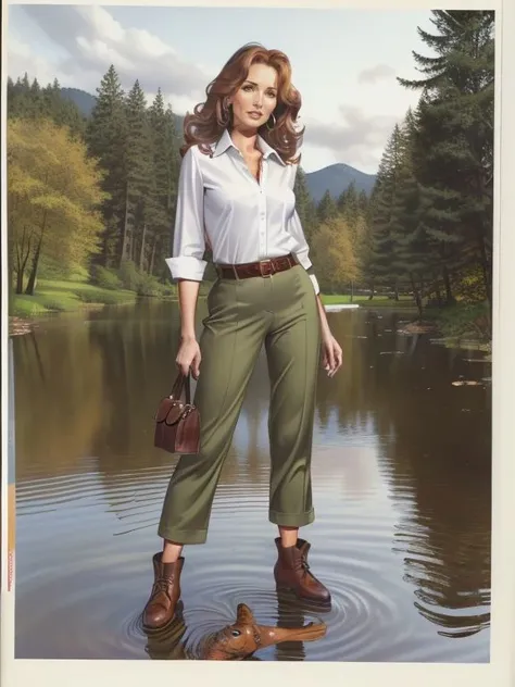 ((SFW)), 4K, UHD, Extremely detailed (comic art by Ron Embleton),  
[ Famke Janssen | Faye Dunaway]  , collared shirt, belted chinos, and driving moccasins , pond scene, 
 <lora:Ron_Embleton_Style:0.8>