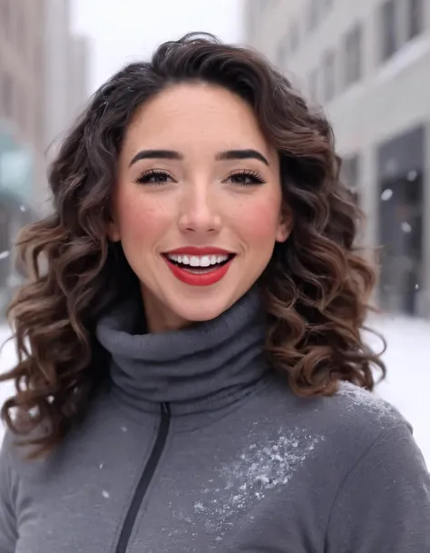 Lexi Abreu, a stunning woman with dark brown, curly hair, donned her fashionable ensemble - a turtleneck sweater, jacket and leggings, as she strolled through the snow-laden city streets, smiling exuberantly while showcasing her captivating face with red lipstick and blush, all captured in high resolution, masterpiece-worthy photographs that perfectly depicted her beauty's extreme details. lexi abreu <lora:kjmspq18e0abd7ce8vca:1>