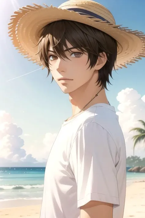 masterpiece, best quality, game cg, 1boy, solo, male focus, looking at viewer, upper body, depth of field, (watercolor illustration, soft pastel colors:1.1), , <lora:yuu_yanase:0.68>, yuu_yanase, brown hair, brown eyes, , straw hat, shore, HD-DVD