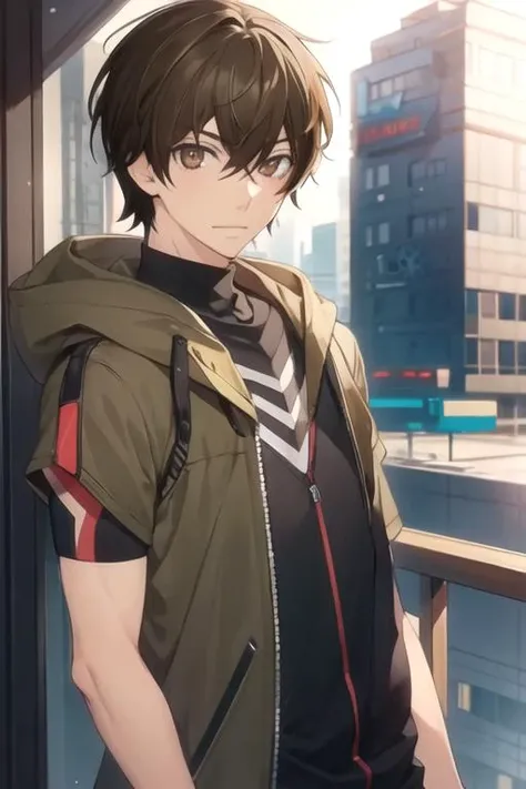 masterpiece, best quality, , 1boy, solo, male focus, looking at viewer, upper body, depth of field, , , <lora:yuu_yanase:0.74>, yuu_yanase, brown hair, brown eyes, , , cyberpunk,
