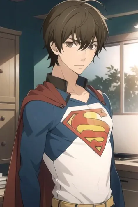 masterpiece, best quality, game cg, 1boy, solo, male focus, looking at viewer, upper body, depth of field, , realistic, <lora:yuu_yanase:0.68>, yuu_yanase, brown hair, brown eyes, superman costume, soft science fiction,