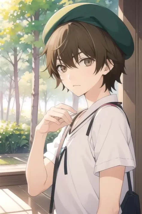 masterpiece, best quality, movie still, 1boy, solo, male focus, looking at viewer, upper body, depth of field, (watercolor illustration, soft pastel colors:1.1), , <lora:yuu_yanase:0.68>, yuu_yanase, brown hair, brown eyes, short sleeve shirt, beret, treehouse,