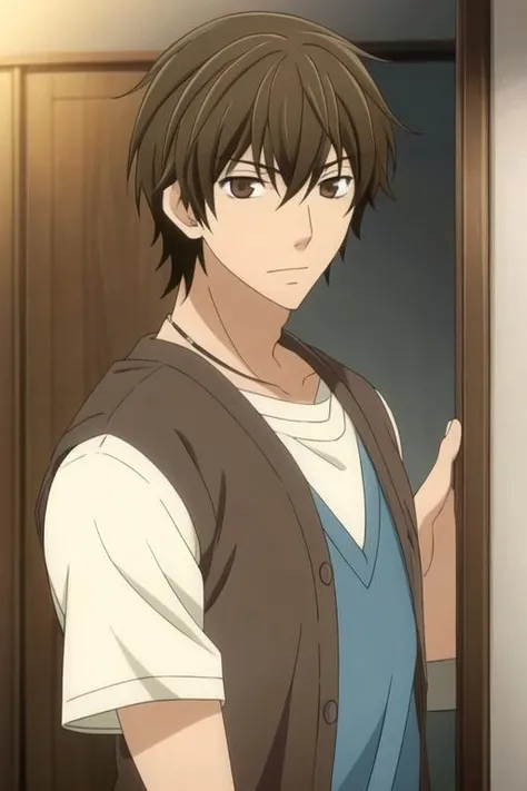 masterpiece, best quality, movie still, 1boy, solo, male focus, looking at viewer, upper body, , , , <lora:yuu_yanase:0.68>, yuu_yanase, brown hair, brown eyes