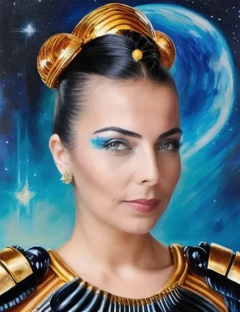 lovely burcu_kara in galactic warrior costume ,portrait, intricate detail, beehive hairdo, at post-modernism art by Josh Keyes<lora:burcu_kara-000006:0.9>,