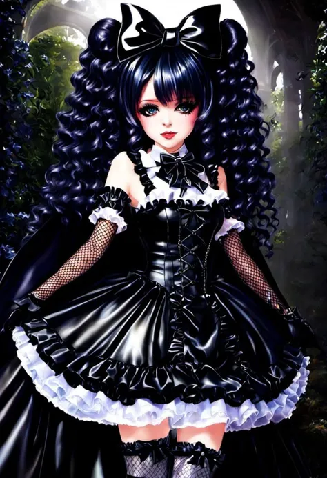 (gothic, gothic tafashion, dark persona:1), (corrupted dark magical girl, long hair:1.2), (gothic frilly lolishion dress:1.2), (latex gloves, multilayered dress:1), (shiny glossy translucent clothing, gleaming oily latex fabric:1.1), backlight, (gothiclolita boots, shoes focus, fishnet stockings:1.2), (many frills, big bow, lace:1.3), (glossy lips, eyeshadow, mascara, dark makeup:1.2), (sitting on latex sofa:1.3), (gloomy:1.1),