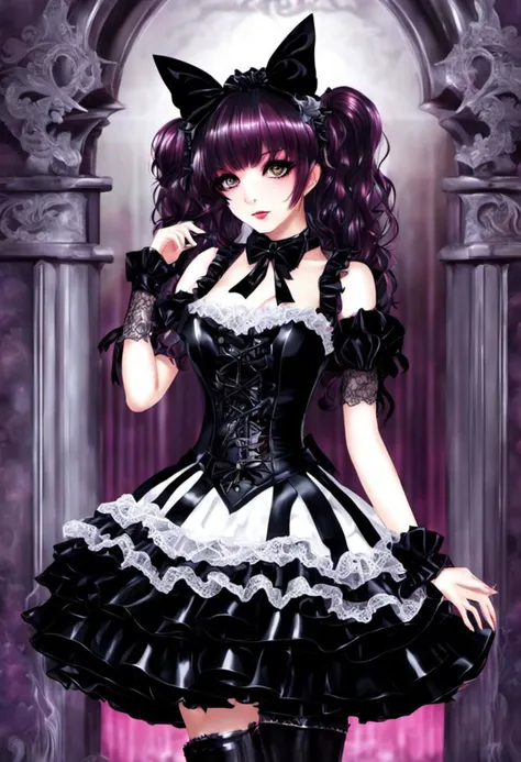 (gothic, gothic lolitafashion, dark persona:1), (corrupted dark magical girl, long hair:1.2), (gothic frilly lolitafashion dress:1.2), (latex gloves, multilayered dress:1), (shiny glossy translucent clothing, gleaming oily latex fabric:1.1), backlight, (gothiclolita boots, shoes focus, fishnet stockings:1.2), (many frills, big bow, lace:1.3), (glossy lips, eyeshadow, mascara, dark makeup:1.2), (sitting on latex sofa:1.3), (gloomy:1.1),