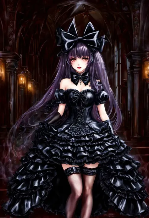 (gothic, gothic lolitafashion, dark persona:1), (corrupted dark magical girl, long hair:1.2), (gothic frilly lolitafashion dress:1.2), (latex gloves, multilayered dress:1), (shiny glossy translucent clothing, gleaming oily latex fabric:1.1), backlight, (gothiclolita boots, shoes focus, fishnet stockings:1.2), (many frills, big bow, lace:1.3), (glossy lips, eyeshadow, mascara, dark makeup:1.2), (sitting on latex sofa:1.3), (gloomy:1.1),