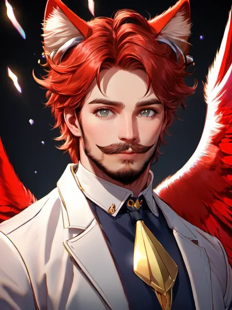 (masterpiece, best quality, ultra-detailed, highres, best illustration),perfect face, ((solo, solo focus)),sidelighting, lustrous skin,(bloom), (shine), ray tracing,animal ears, 1boy, solo, male focus,stubble, facial hair,red eyes , looking at viewer, beard, red hair, mustache, angel wings, lips,cat ears,depth_of_field,very detailed background,extreme light and shadow,(detailed eyes), (beautiful) beautiful detailed eyes, perfect lighting , perfect anatomy,(extremely detailed illustrated 8k wallpaper),(masterpiece), (best quality), (ultra-detailed), (best illustration),(best shadow) , vivid colors,