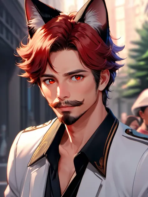 (masterpiece, best quality, ultra-detailed, highres, best illustration),perfect face, ((solo, solo focus)),sidelighting, lustrous skin,(bloom), (shine), ray tracing,animal ears, 1boy, solo, male focus,stubble, facial hair,red eyes , looking at viewer, beard, red hair, mustache, angel wings, lips,cat ears,depth_of_field,very detailed background,extreme light and shadow,(detailed eyes), (beautiful) beautiful detailed eyes, perfect lighting , perfect anatomy,(extremely detailed illustrated 8k wallpaper),(masterpiece), (best quality), (ultra-detailed), (best illustration),(best shadow) , vivid colors,