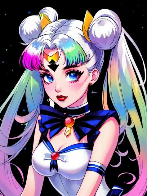 masterpiece, best quality, 1girl, gothic, black lips, solo, black hair, makeup, twin tails, hair buns, sailor moon, multicolored hair, white hair, bangs, eyeshadow, cross, hair bow, bow, lipstick, two-tone hair, fishnets, mascara, black background, hair ornament, (Genshin Impact)