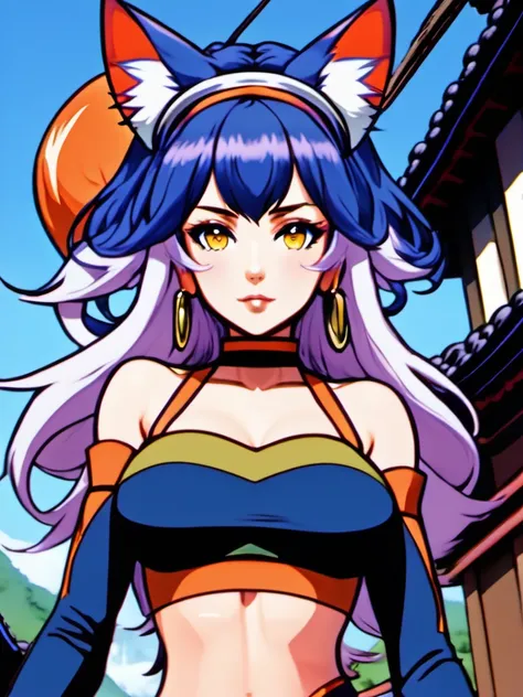 anime style, medium breasts, slim hourglass figure, narrow waist,  (unusual Ms Paint:1.3) catgirl, full body, cameltoe, [:seductive, wild costume design,:0.2], official art, caucasian, studio neon crimson lighting from below, on a  hill in Kyoto, bombshell hair, matte indigo hair with orange highlights, side braid,Spiral Curls, holding hands