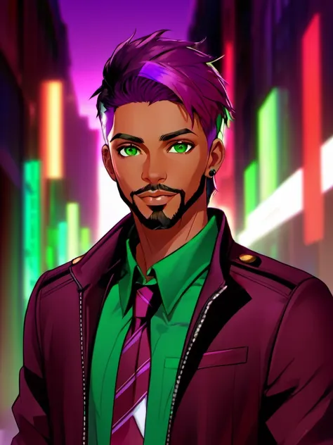 realistic, solo, 1boy, male focus, green eyes, purple hair, stubble, goatee, maroon background, dark skinned male, tan skin, looking at viewer, lips, shirt, jacket, hyur, specular highlights, gradient