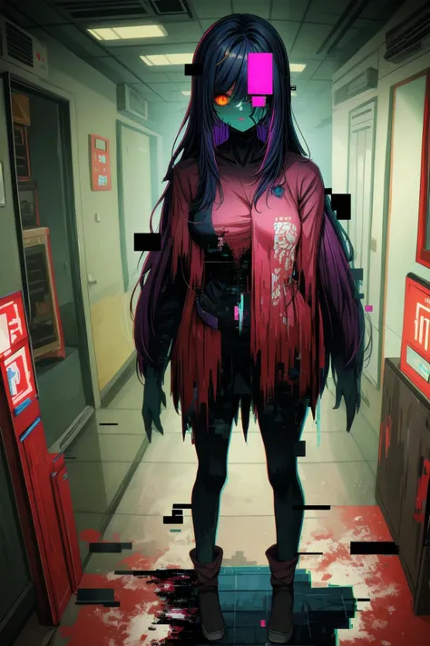 1girl, (solo), hallway, (Glitching:1.33), (glitch:1.3), nightmare, otherworldly, dutch angle, (robot_skin:0.6), (android_skin:0.6), sad, horrid dirty hairs, fearsome clothes, monster, horror, plague, unholy, terrifying atmosphere, (masterpiece), (hyper detailed), (intricate detail), [high contrast], 4k, dark colors, dynamic, best quality, absurdres, <lora:add_detail:0.6>, <lora:Glitching:1>, <lora:robot_skin_v1.0:0.5>,