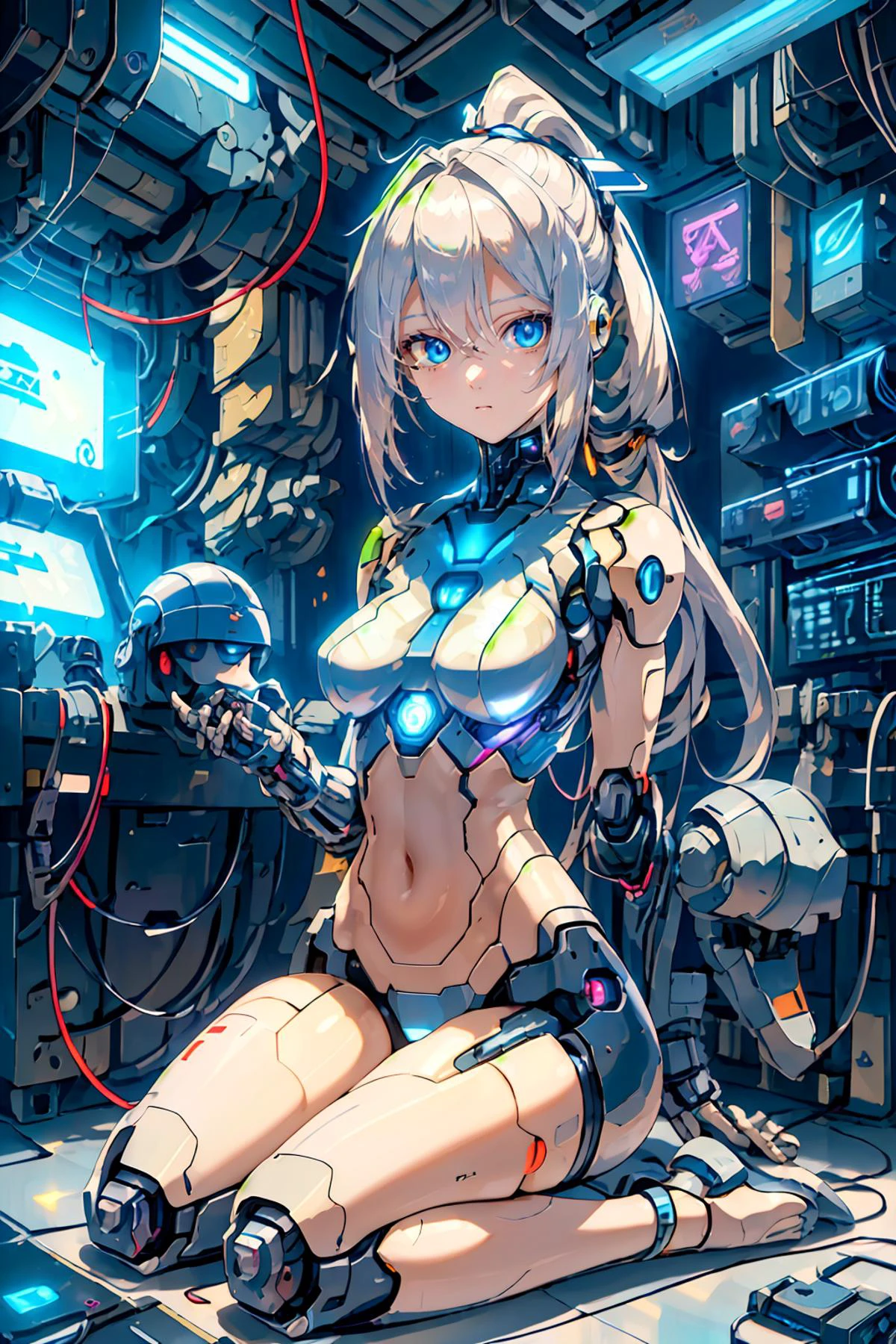 1girl,
masterpiece, ultra-detailed, illustration, official art,
((wires, cables, circuits, cord, plug, holographic_interface, tube, string)),
cyberpunk, futuristic, sci-fi, science_fiction,
fusion core, hologram, holographic_interface, holographic monitor, monitor,
serial_number, barcode, symbols, runes,
robotic_limbs, cybernetic, cyborg, android, ironman, hacker,
hairpin, interface headset, (helmet),
glowing_eyes,
sitting, on_floor, against_wall, [[thighhighs]],
white_hair, ponytail, ((armor)), sleeveless, [navel],
<lora:eye_opening_v2.0:0.6>
<lora:more_details:0.1>
<lora:epi_noiseoffset2:0.7>
<lora:robot_skin_v1.0:0.7>
<lora:weight_slider_v2:-0.8>
<lora:microwaistV05:0.3>