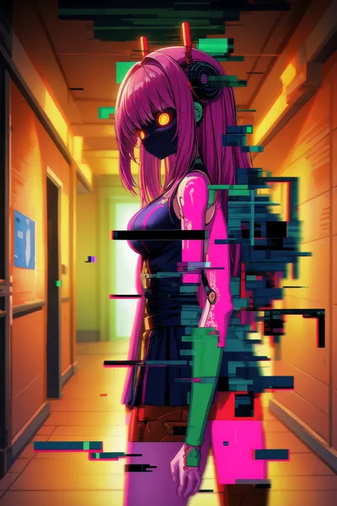 1girl, (solo), hallway, (Glitching:1.33), (glitch:1.3), nightmare, otherworldly, from side, (robot_skin:0.7), (android_skin:0.7), surprise, horrid dirty hairs, fearsome clothes, monster, horror, plague, unholy, terrifying atmosphere, (masterpiece), (hyper detailed), (intricate detail), [high contrast], 4k, dark colors, dynamic, best quality, absurdres, <lora:add_detail:0.6>, <lora:Glitching:1>, <lora:robot_skin_v1.0:0.6>,